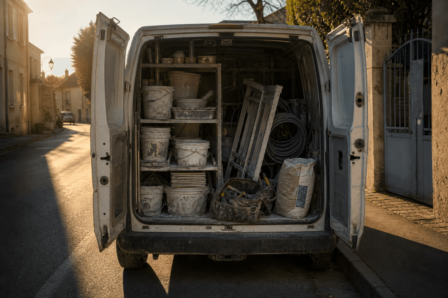 Portes arrière ouvertes d'une camionnette d'artisan en fin de journée, dans une rue de village